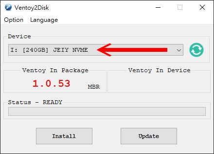 解壓縮Ventoy主程式之後,選擇安裝目標的隨身碟並點擊Install即可。