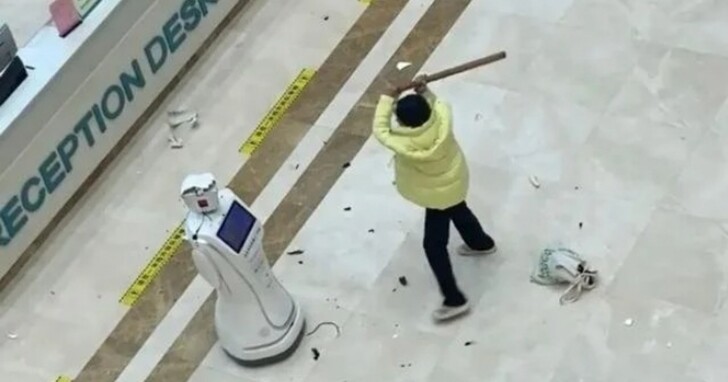 中國大媽手持木棍「嗆聲」智慧導引機器人，第一個向機器人宣戰的人類？