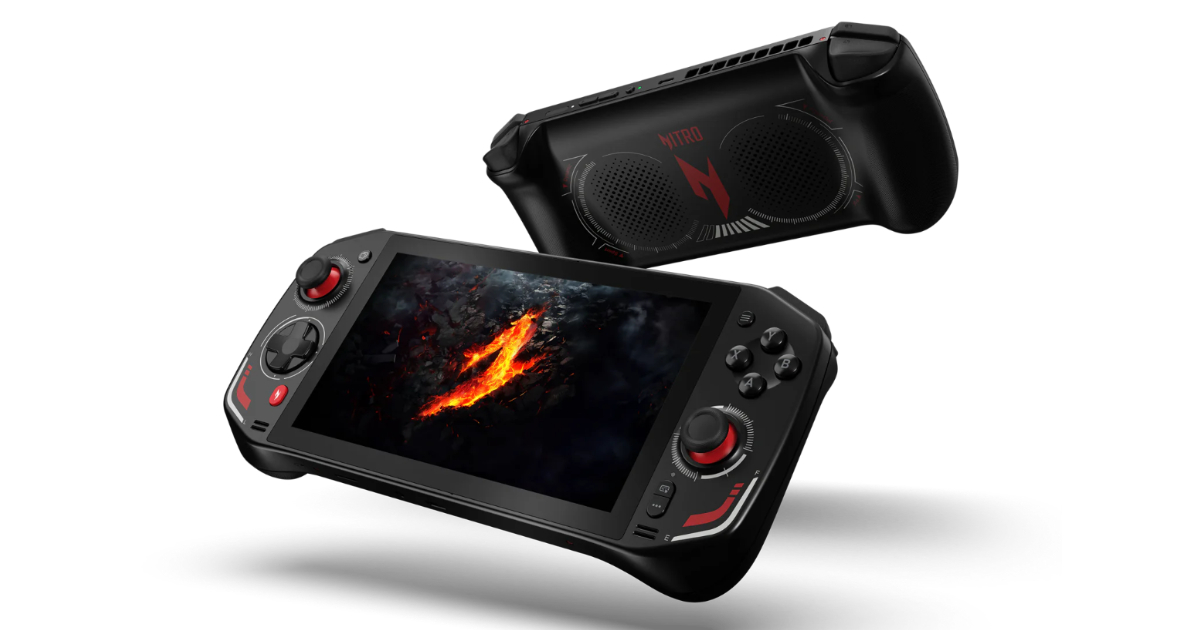 Futuristic illustration of Acer Nitro Blaze 8 and Nitro Blaze 11 gaming handheld devices with large touchscreens and vibrant graphics in a high-tech environment.