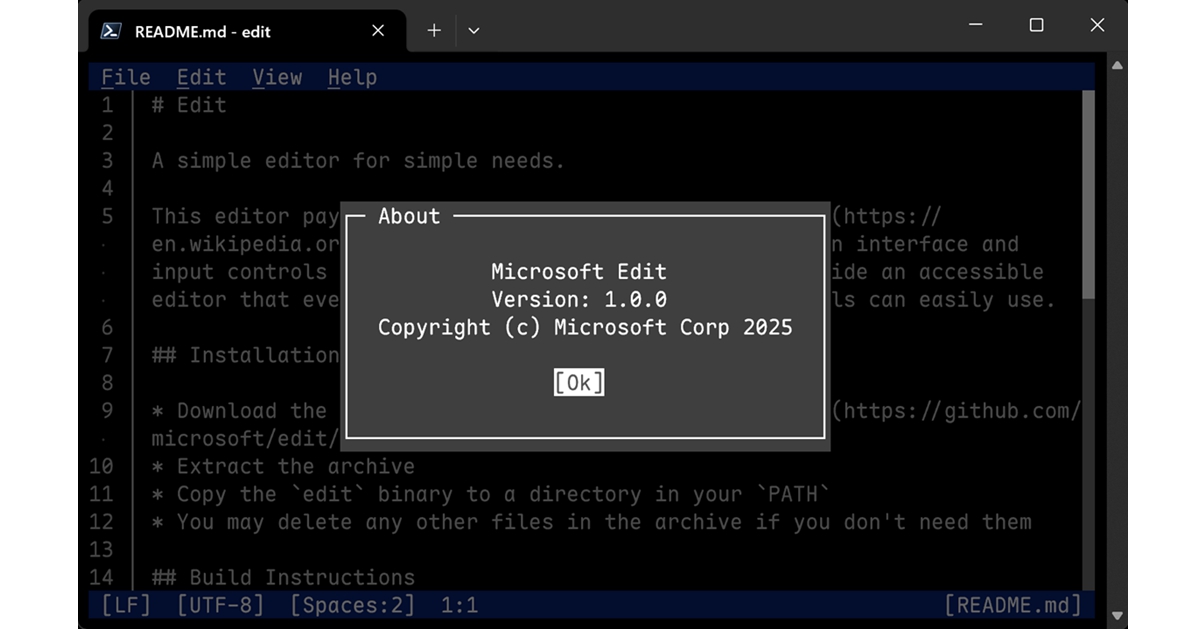 微軟推出全新命令列編輯器「Edit」:致敬 MS-DOS,融合 VS Code 現代操作介面