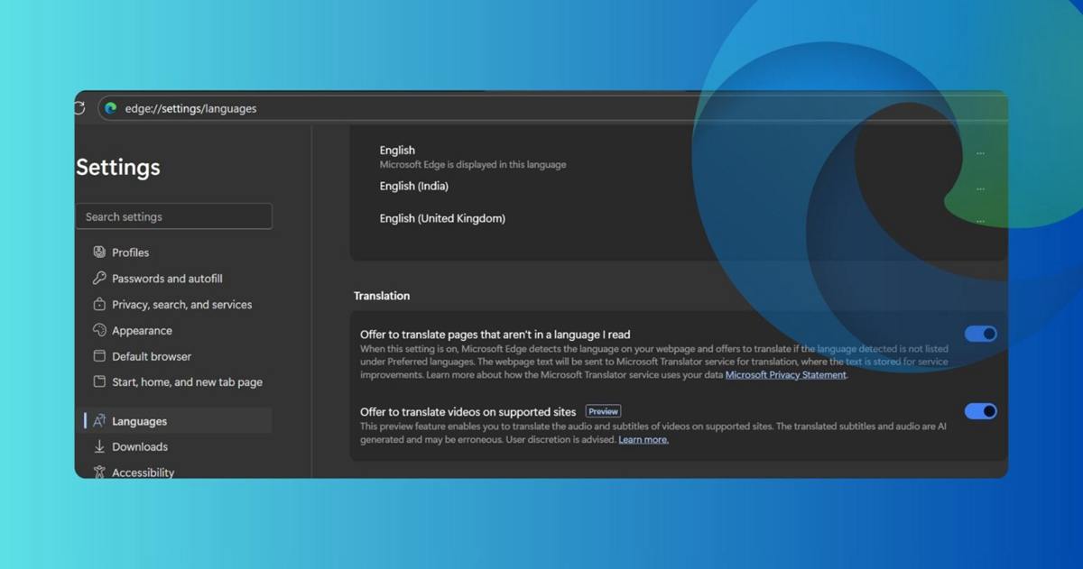 微軟 Edge 新增 AI 即時影片語音翻譯功能，至少要 12GB 記憶體才跑得動