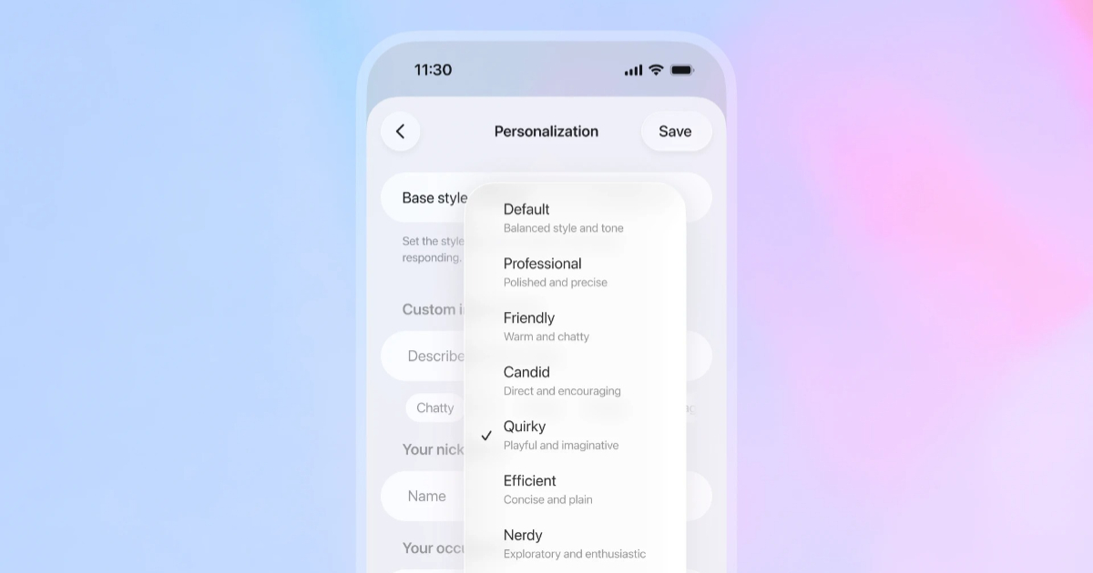 OpenAI 推出 GPT-5.1，新增友善、專業、直率等多種個性語氣選擇