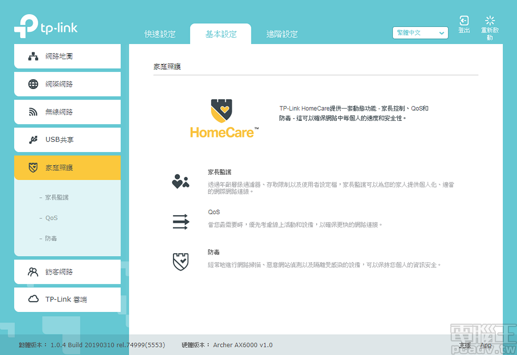 ▲ Archer AX6000 導入 Homecare 家庭照護功能,功能分為 3 大項:家長監護、QoS、防毒。