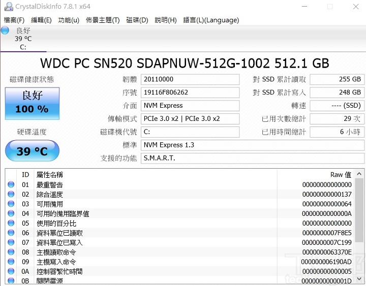 儲存裝置是搭載 PCIe 3.0×2 NVMe 介面的 SSD，容量為 512GB。