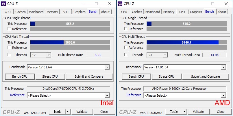 ▲ SPECTRIX D60G DDR4-4133於雙平台的CPU-Z測試比較,Intel平台單執行緒與多執行緒分別獲得556.2分和3865分,AMD平台則是545.2分和8146.7分。