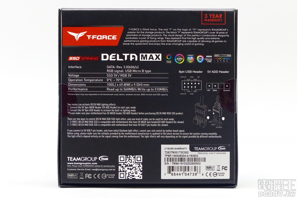 ▲ 外盒底部標示 T-Force DELTA MAX SSD 規格與特色資訊，並透過圖示說明可定址 RGB 線材安裝方式。