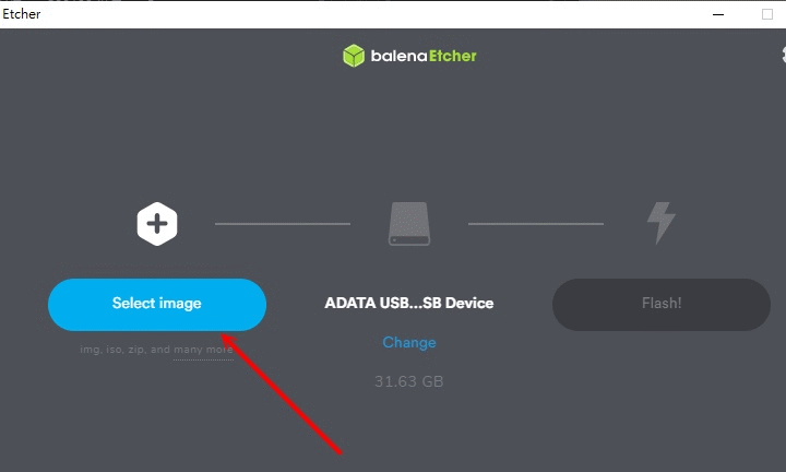 執行balenaEtcher.exe時，先點擊Select Image選擇映像檔，然後點擊Select Drive選擇microSD記憶卡，最後點擊Flash開始燒錄，並耐心等待完成畫面出現。。