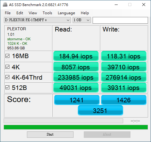 將AS SSD Benchmark程式畫面切換至IOPS，M9P(Y) Plus 1TB於4K-64 Thrd讀寫項目分別獲得233986IOPS和276914IOPS。