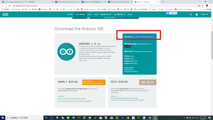 Arduino的開發環境，有Windows、Mac OS X、Linux版本。本範例以Windows版本作為範例，請頁面下方點選「Windows Installer」下載Windows版本的開發環境。