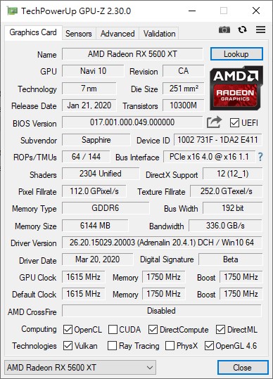 顯示卡則為Sapphire Pulse Radeon RX 5600 XT 6GB。