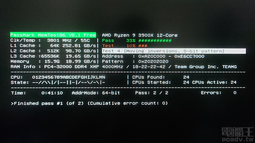 T-Force XTREEM ARGB DDR4 記憶體模組能夠於 AMD 平台達成 DDR4-3733 16-20-20-38 1T 1.4V，並通過 MemTest86 1Pass 測試。