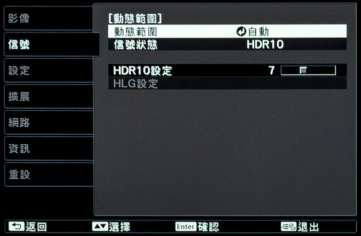 由於 EH-LS500 可支援完整的 HDR 影片規格，因此在選單中，原廠也針對 HDR 的信號狀態提供了設置項目。這部分除了自動辨識輸入的影片訊號是否為 HDR 外，也會進一步區分是 HDR 10 還是 HLG，所以在選單下方可以看到 HDR 10 以及 HLG 這兩組設定。