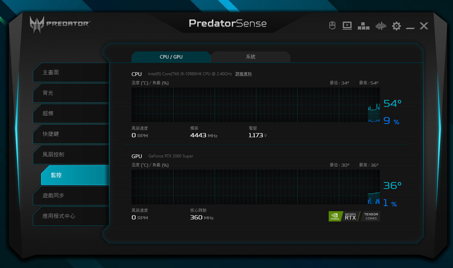 PredatorSense 中的監控功能可查看系統資源的使用變化。