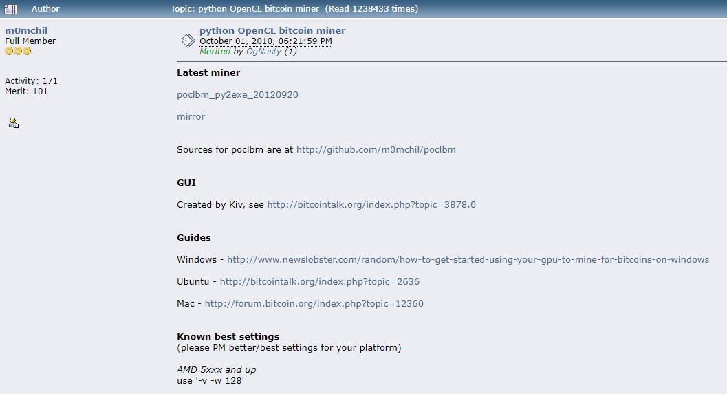2010年10月1日，網友momchu在Bitcointalk發布OpenCL GPU挖礦軟體