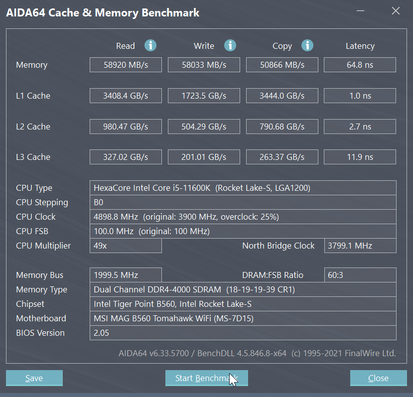 手動再透過主機板將記憶體超頻至 DDR4-4000MHz，AIDA64 的成績非常好看，這在以往的 Intel 中階處理器平台並沒有那麼容易達成。