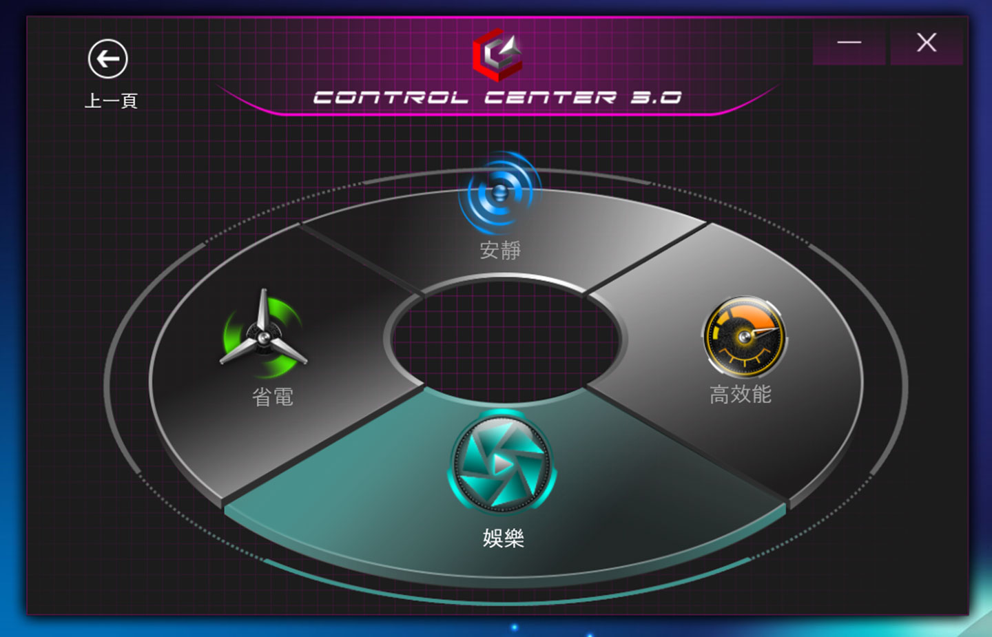 在 Power Modes 中提供安靜、省電、娛樂與高效能四種運行模式。