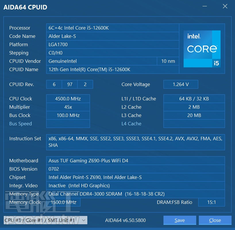 Intel Core i5-12600K 擁有 6 個效能核心＋4 個效率核心，總計 16 執行緒，最大時脈 4.90GHz。