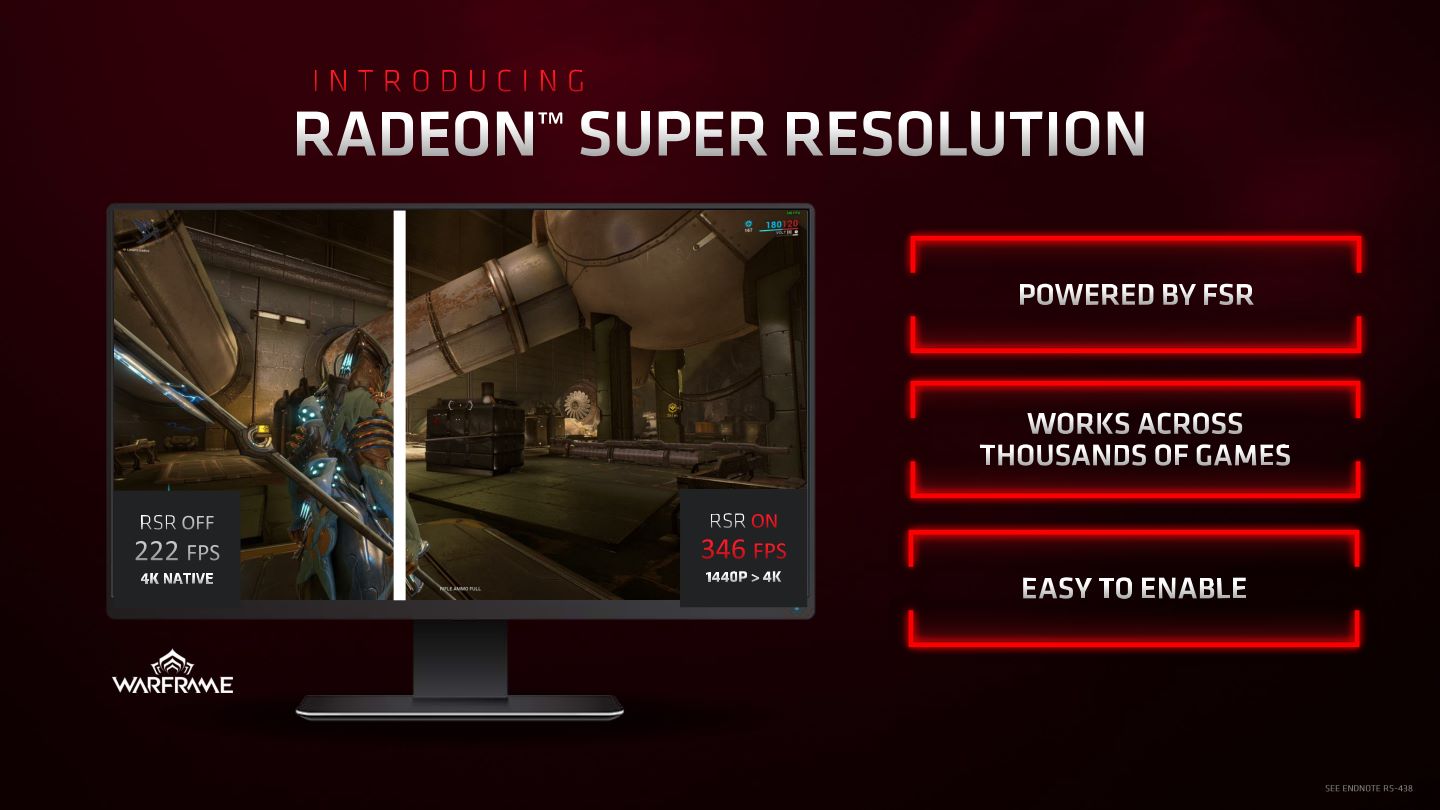 AMD也將推出泛用度比FSR更高的RSR升頻技術，只要開啟功能、調低解析度，就能輕鬆提升超過千款遊戲的效能。