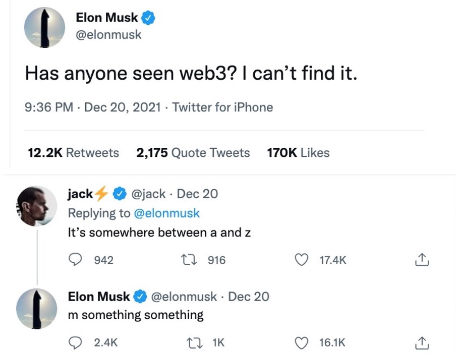 傑克·多西和馬斯克在Twitter上關於Web 3的調侃