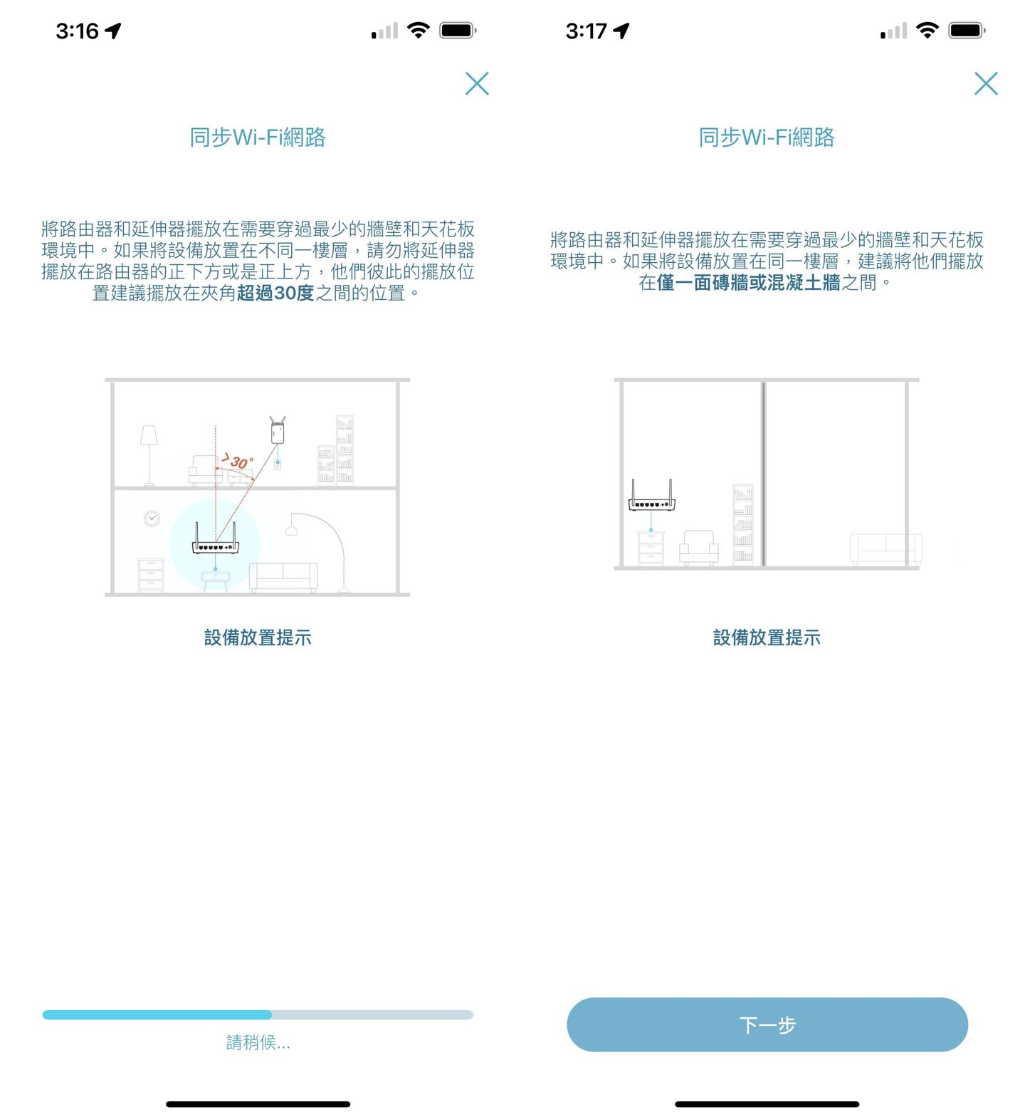 若是採跨樓層設置,app 也會建議主路由與子機的夾角位置超過 30 度以上,儘量不要在正上方或正下方。