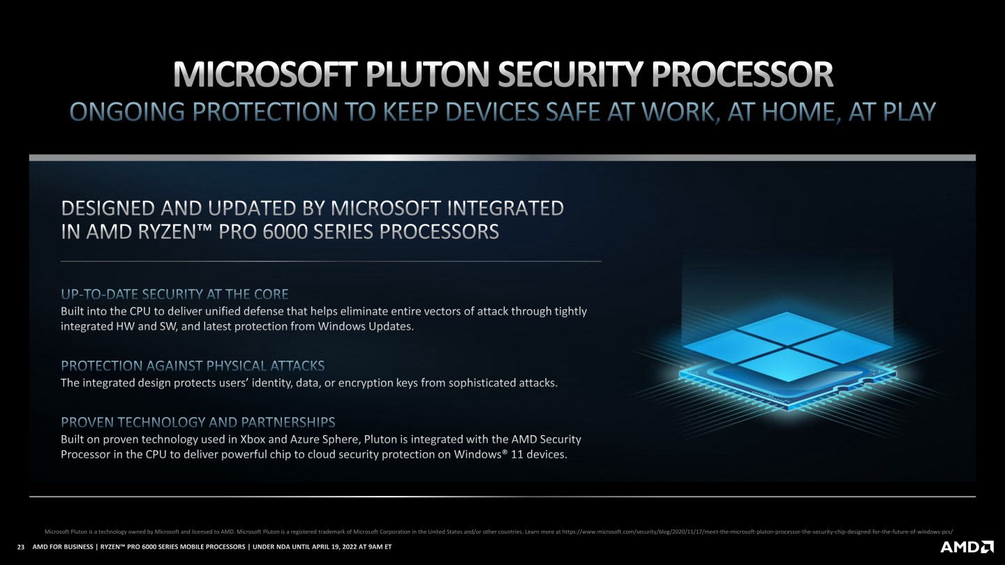 Ryzen PRO 6000是首款整合Microsoft Pluton的x86處理器，提供更嚴密的資安防。