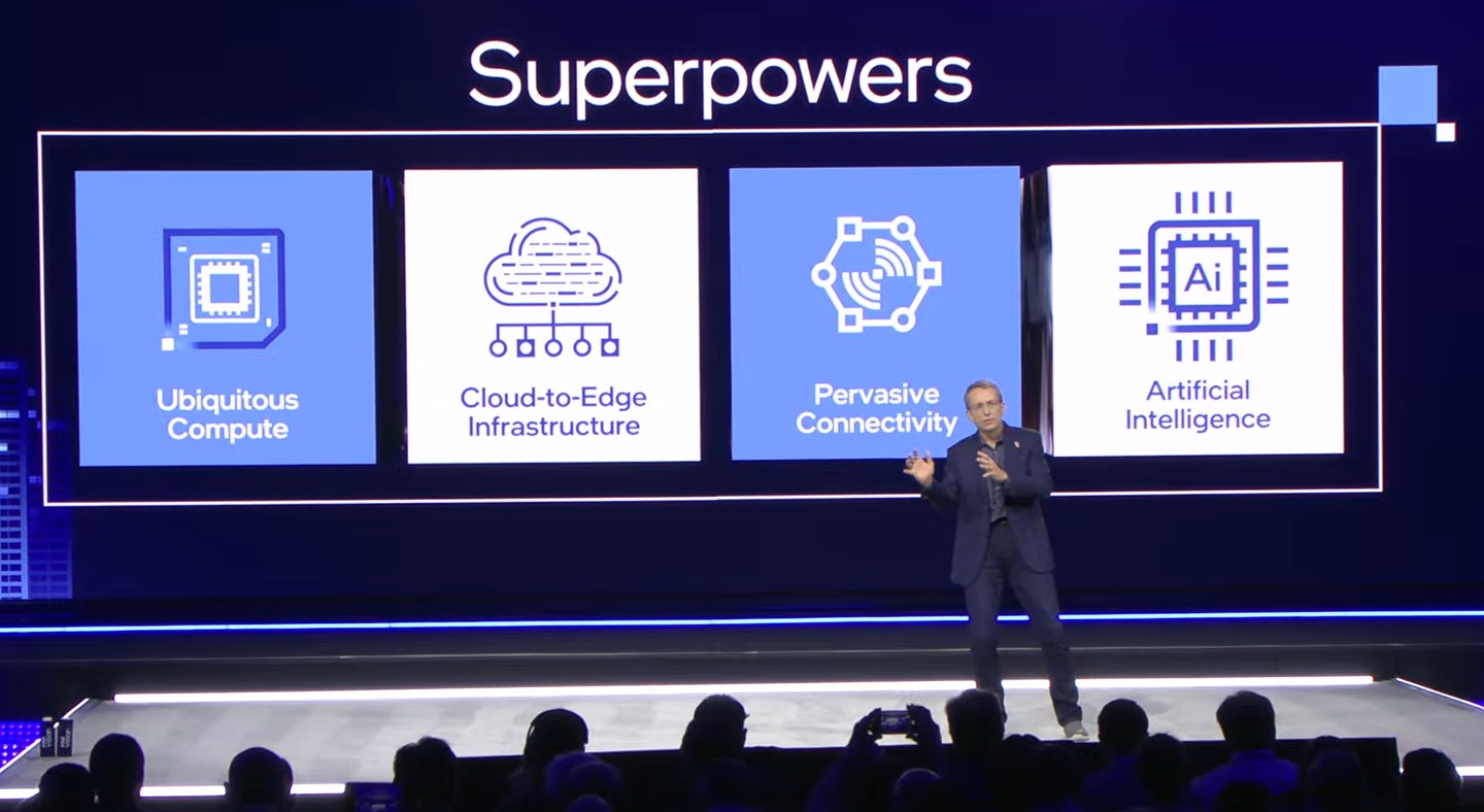 Intel執行長Pat Gelsinger表示AI人工智慧、無所不在的運算、普及的連網性，以及雲端到邊緣基礎施是4大重要的科技力量。