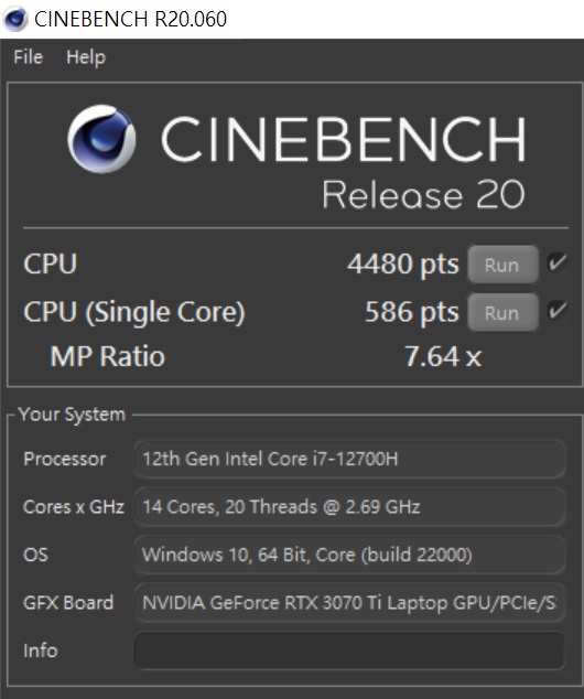 於 CINEBENCH R20 測試，多核心為 4,480 pts，單核心為 586pts，多、單核心的效能差距倍數為 7.64x。
