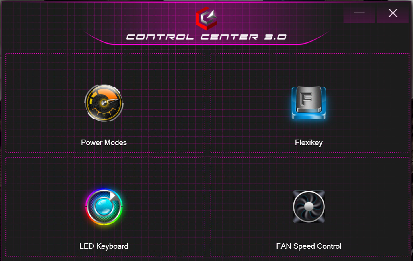 Genuine 捷元 ZEUS 15H 內建的 Control Center 3.0 工具，介面設計很簡單，共有四個主要功能。