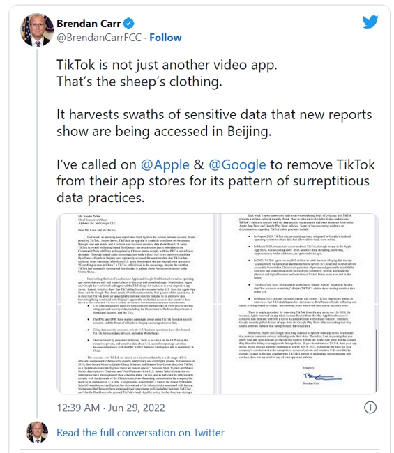 美國FCC委員要求Apple、Google從APP商店下架TikTok「毫無疑問構成國家安全風險」