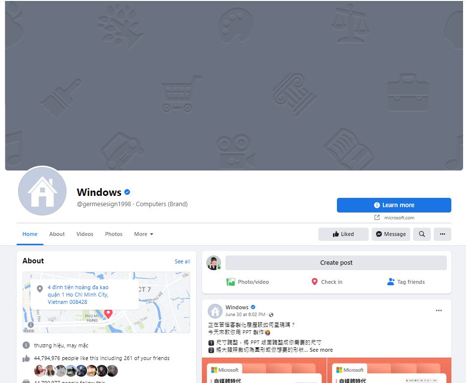台灣微軟管理的Windows臉書粉專，封面圖、公司地址都被改