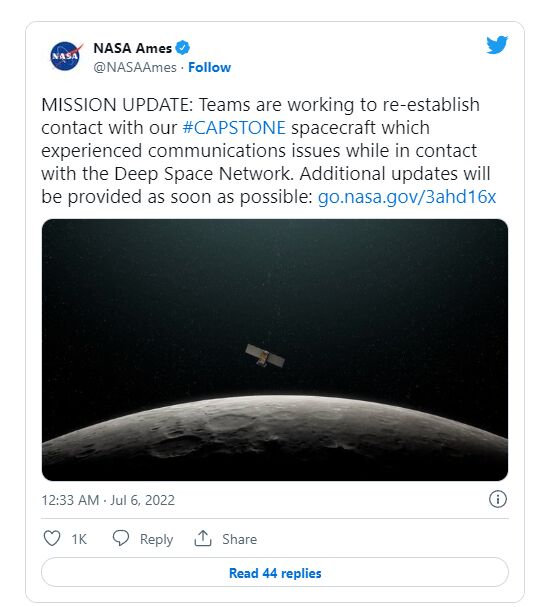 NASA表示Capstone衛星在向月球前進的過程失去聯繫一天後，重新取得連線