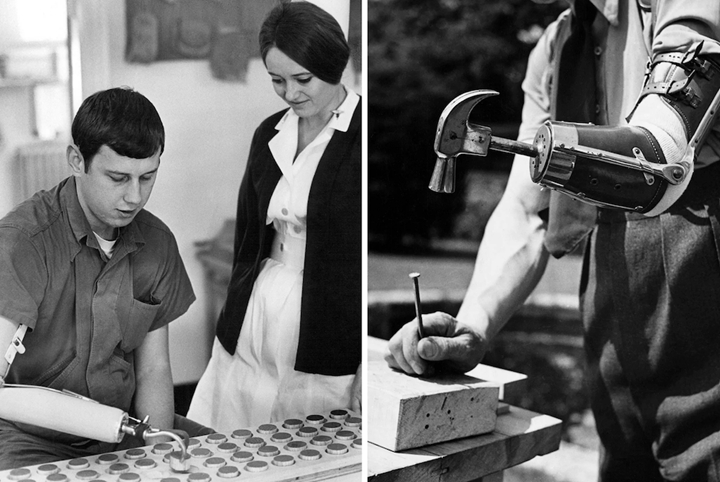 Hosmer Hook （左圖）最初計於 1920 年，採用人體動力計的終端備，至今仍在使用。 將釘釘入木時，利用錘工具（右圖）往往比抓握工具更有效果。圖片來源：Getty Images 