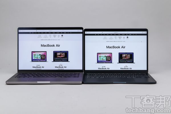 14.2吋 MacBook Pro 14吋（左）與13.6吋M2版 MacBook Air （右）相比，除了可視面積的不同外，顯像力也有不同。
