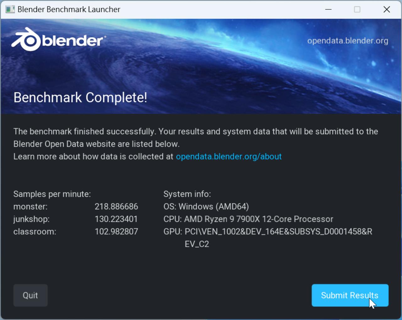 Blender 的測試，光靠 CPU 就能跑出不錯的成績。