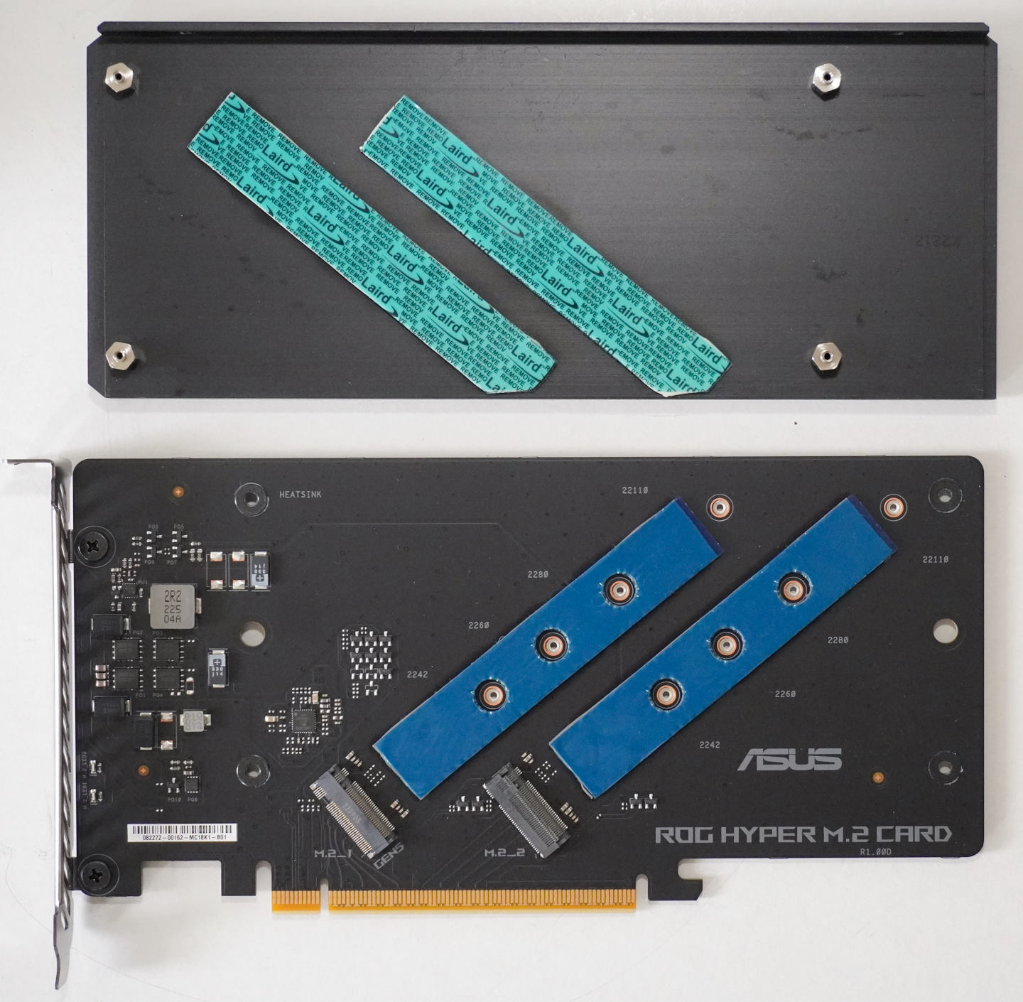 The ROG Hyper M.2 riser card has 2 M.2 slots, supporting PCIe Gen 5x4 and PCIe Gen 4x4 transmission modes respectively.