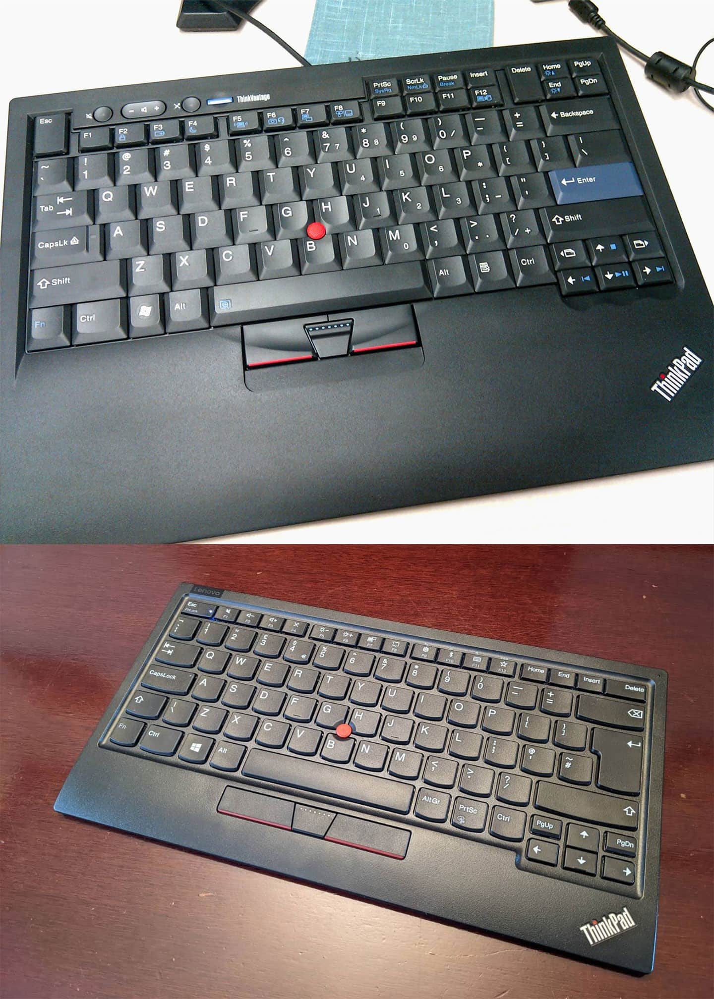 ThinkPad 過往經典的 7 列鍵盤（圖上）與現行的 6 列鍵盤（圖下）。