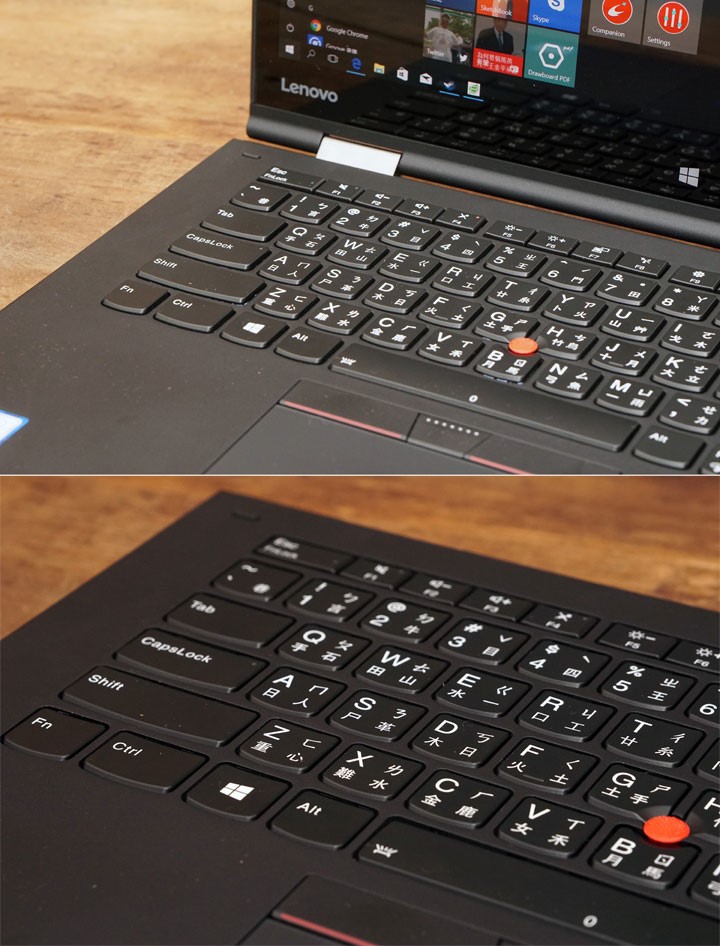 ThinkPad X1 Yoga 的鍵盤在螢幕翻轉為平板形態時，會自動內縮至機身內，達到保鍵帽與避免誤觸的效果。