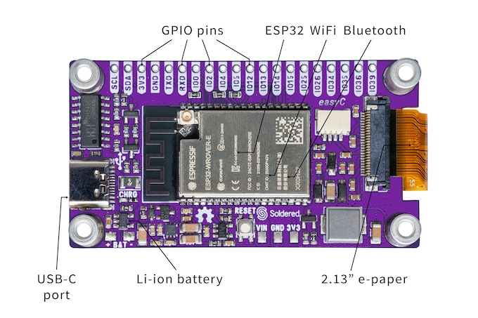 Inkplate 2載ESP32微控制器，並具有多組GPIO端。