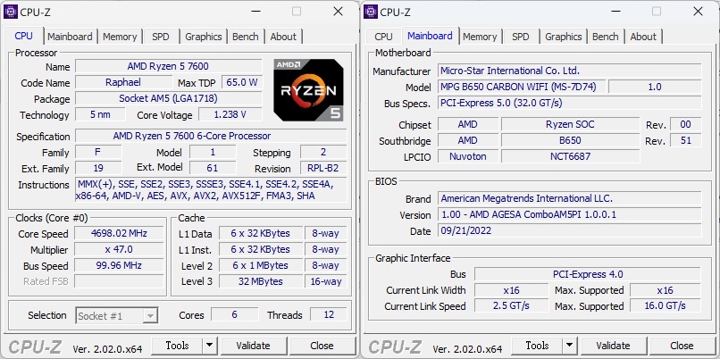 測試主角Ryzen 5 7600處理器在CPU-Z顯示之資訊。