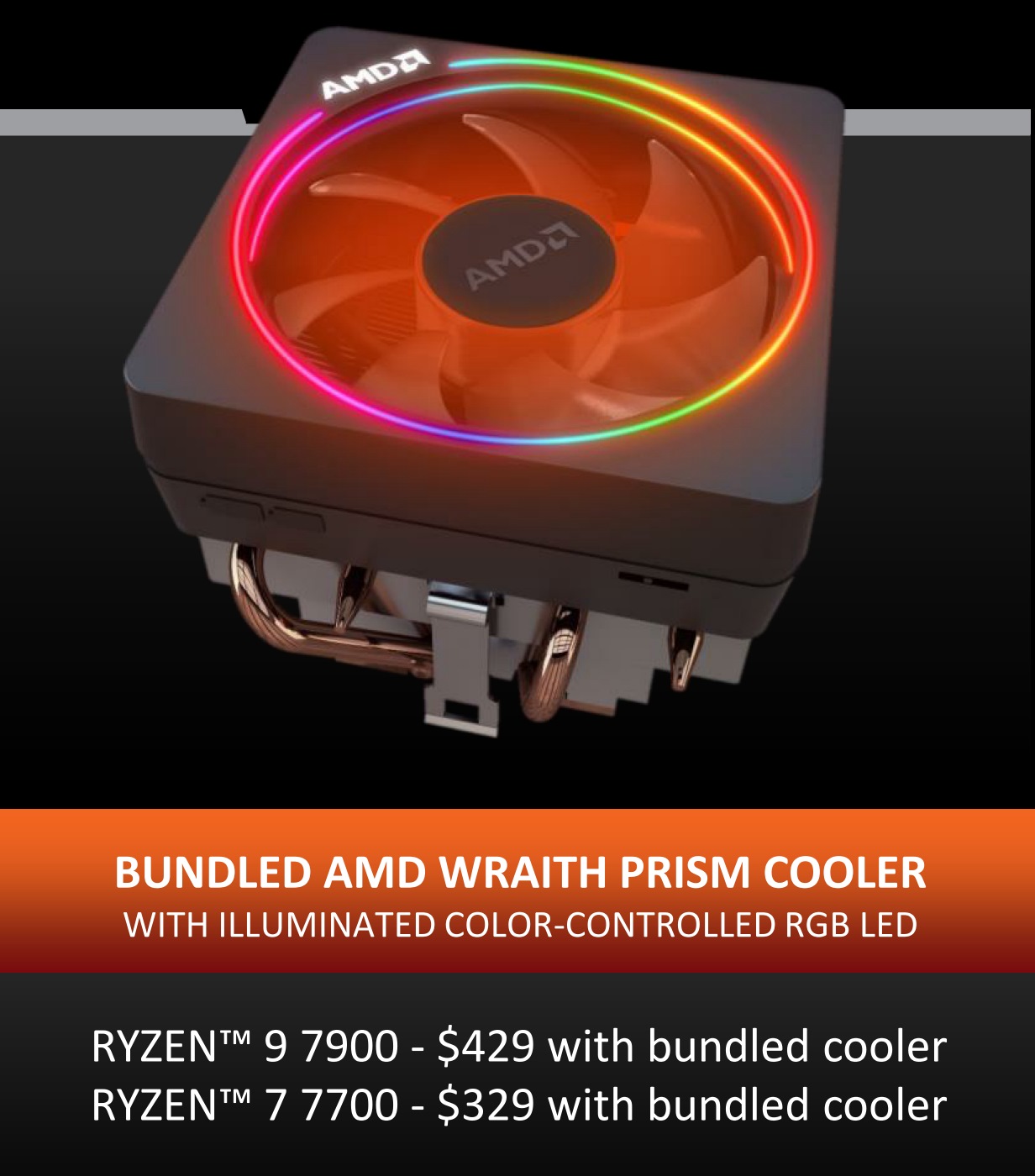 Ryzen 7 7700與Ryzen 9 7900盒裝版產品會附上具有RGB燈光功能的Wraith Prism散熱器。
