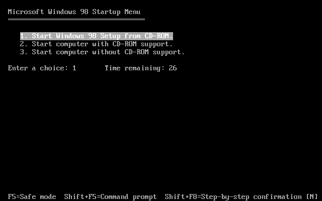 選擇「Start Windows 98 Setup from CD-ROM」，進行安裝。
