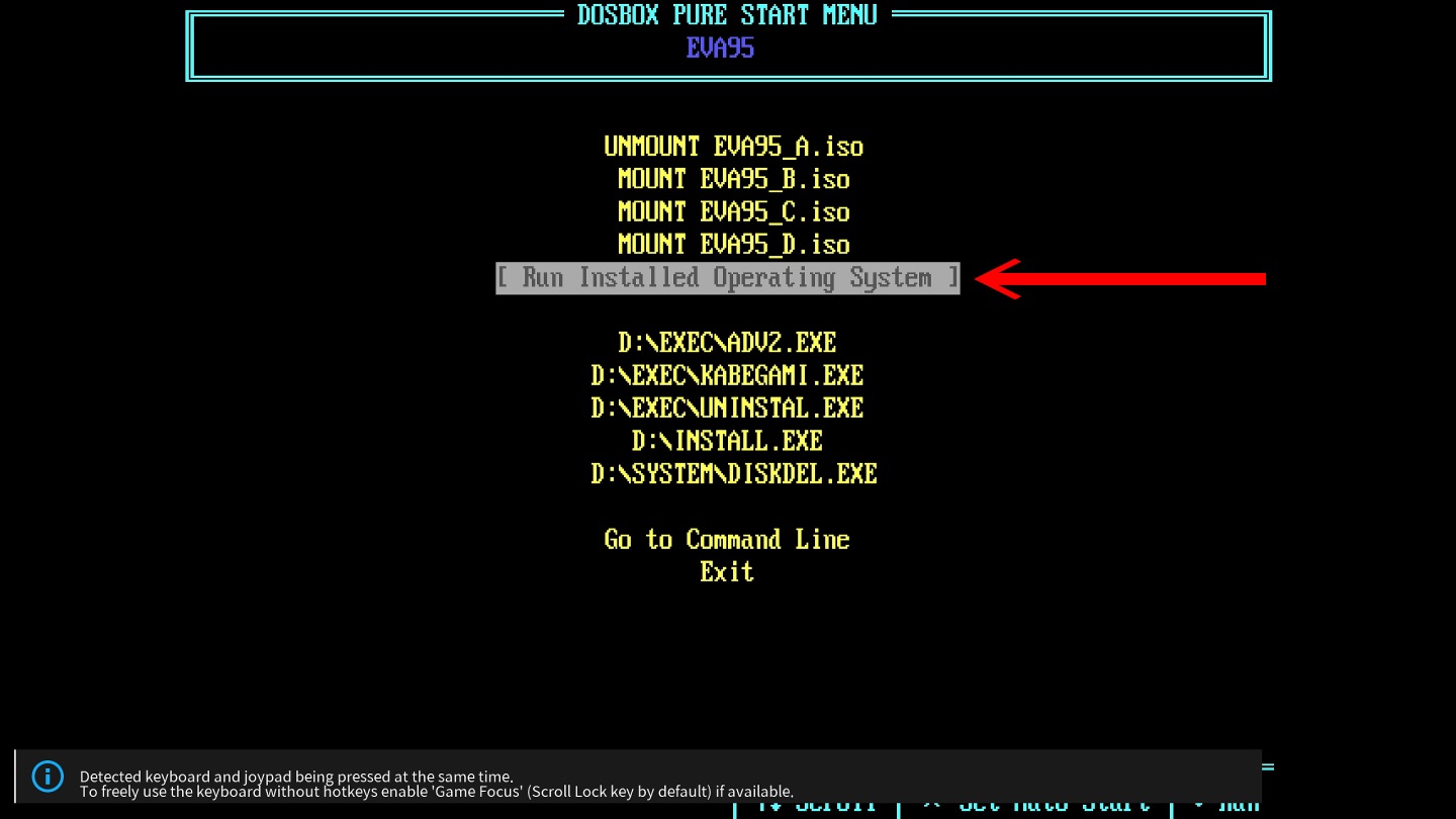 接下來透過RetroArch的檔案瀏覽器找到並開啟「EVA95.m3u」，在啟動選單選擇「Run Installed Operating System」並指定作系統映像檔。