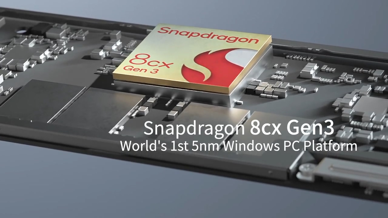 Qualcomm Snapdragon 8cx Gen3 SoC共有8組處理器核心，配的Adreno顯示晶片支援DirectX 12繪圖API。