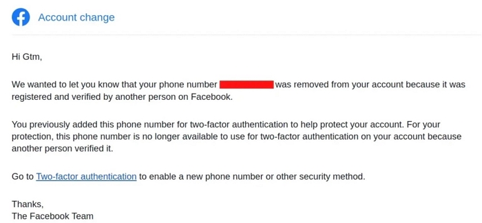 Meta公司發給一個使用者的電郵件的截圖，上面寫著：「我們想讓你知道，你的電話號碼在Facebook上被另一個人註冊和驗了。」