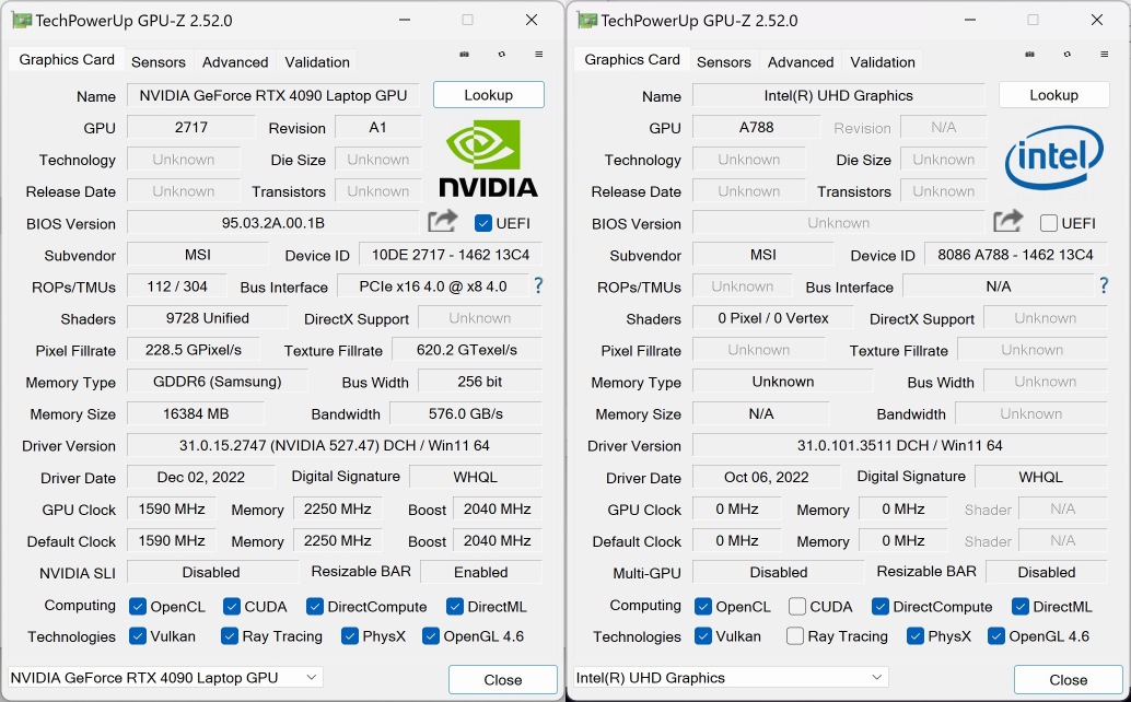 在測試時GPU-Z尚無法完全確辨行動版GeForce RTX 4090顯示晶片。