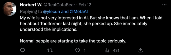 還有網友表示：我老婆原本不太關心AI，聽說Meta這論文都驚了。普通人真的得好好想想這事兒了。