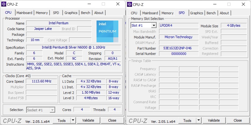 從CPU-Z可以看到處理器為Intel Pentium Silver N6000，但資訊顯示不並完全，記憶體資訊也無法完全辨。