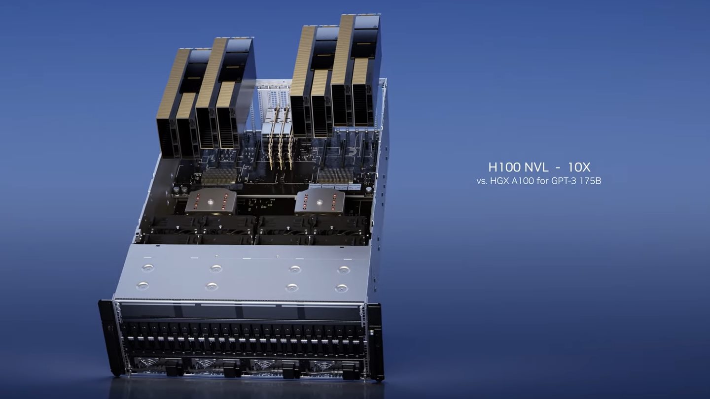 H100 NVL運算卡採用Hopper架構GPU，載容量達94GB的HBM3記憶體，並可透過NVLINK串接，並支援商用 PCIe伺服器，發揮輕易地橫向擴充之目的。與目前雲端唯一可以實際處理ChatGPT的HGX A100超級電腦相比，載擁有4對雙GPU NVLINK的H100標準伺服器效能表現可達前者的10倍。