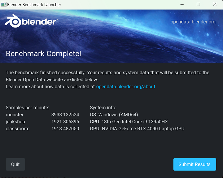 Blender Benchmark 3.1.0 測試 NVIDIA GeForce RTX 4090 渲染速度。