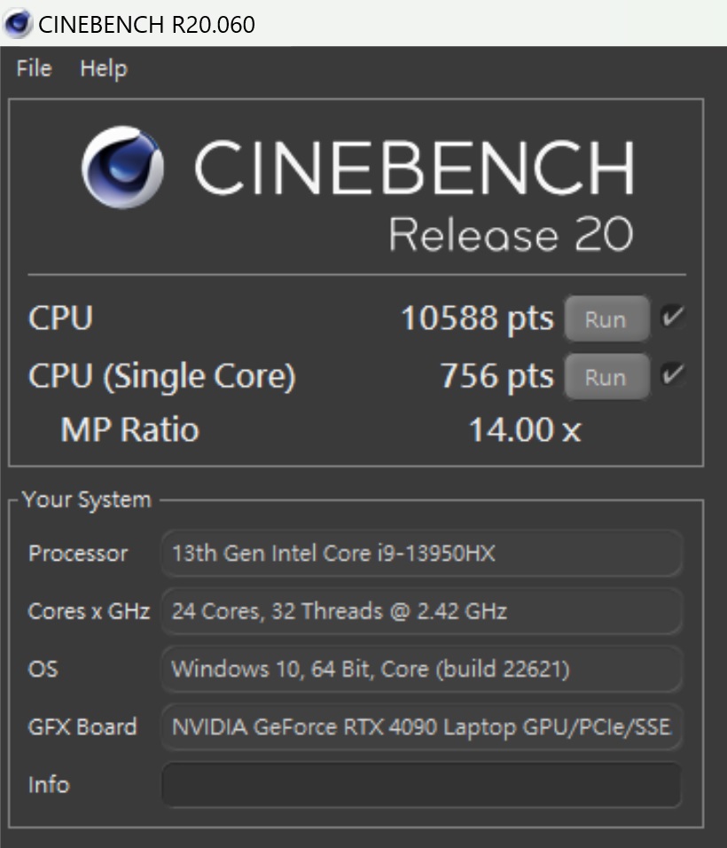 於 CINEBENCH R20 測試，CPU 多核心為10,588 pts，單核心為 756pts，多、單核心的效能差距倍數為 14.00x，多核心部分較 Intel Core i9-12900HK 提升約 40%。